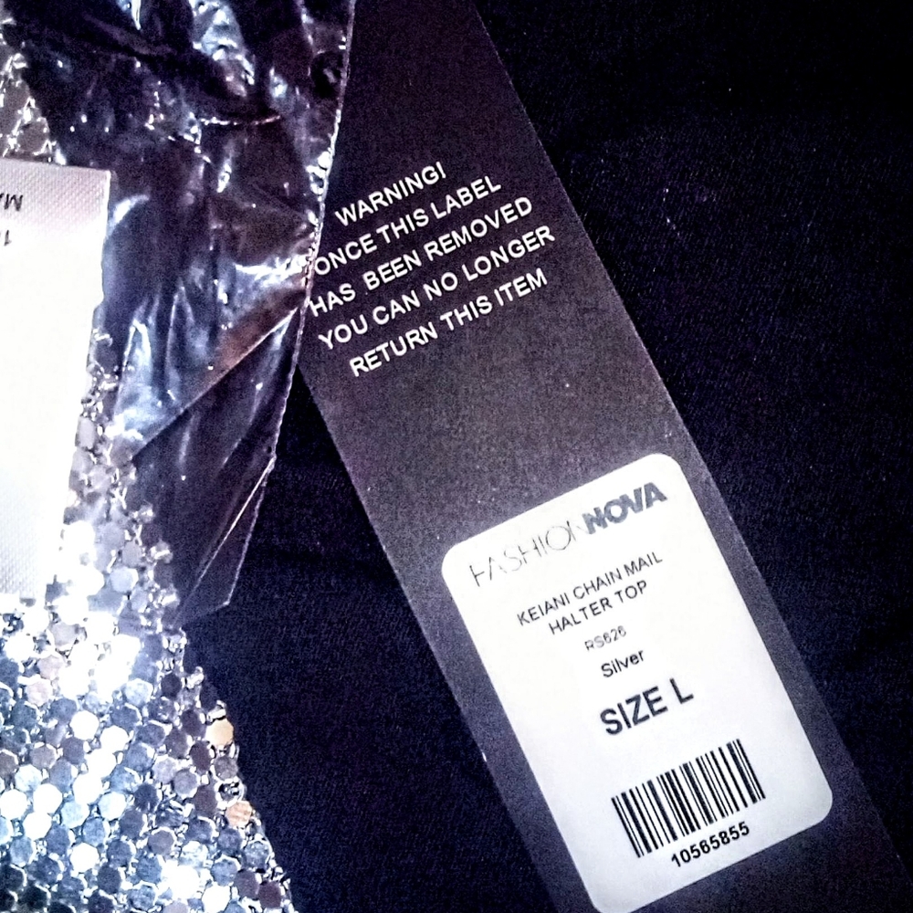 Women's Large Silver Metallic Chain Rhinestone Halter Top - Picture 2 of 2